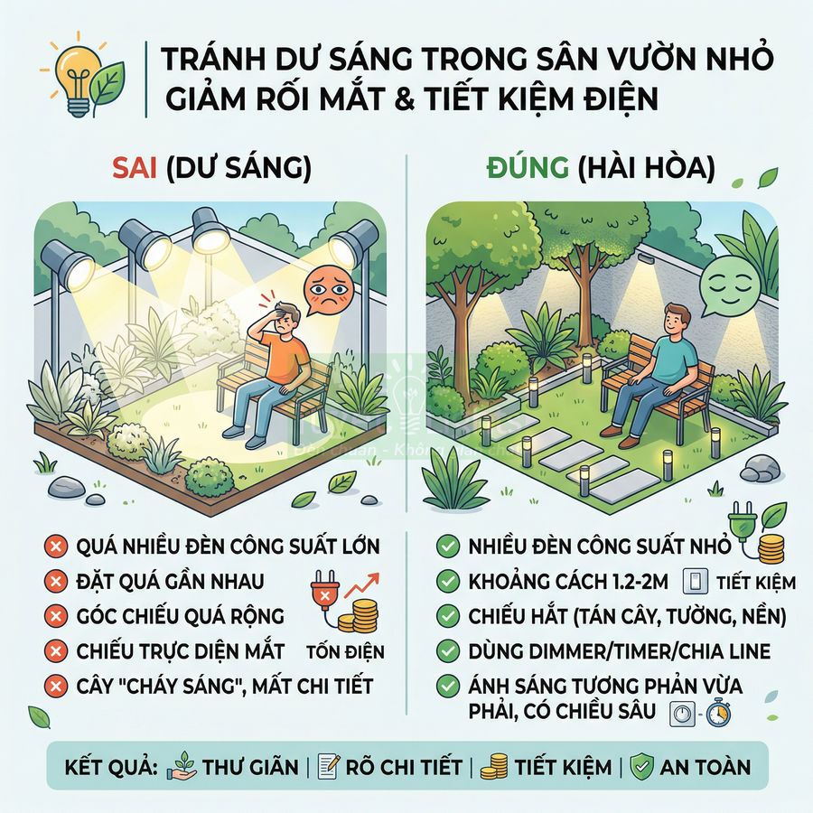 Minh họa so sánh bố trí đèn sân vườn sai gây chói và đúng hài hòa giúp thư giãn, tiết kiệm điện